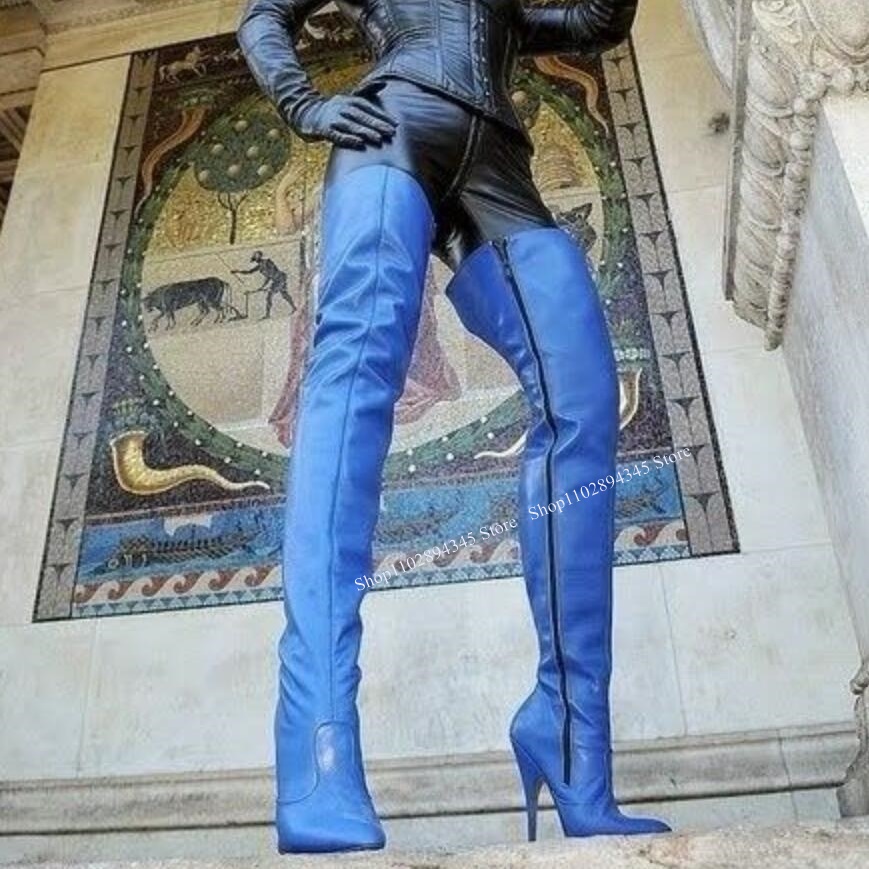 Women'S Shoes Navy Blue - Blue Zipper Over Knee High Boots