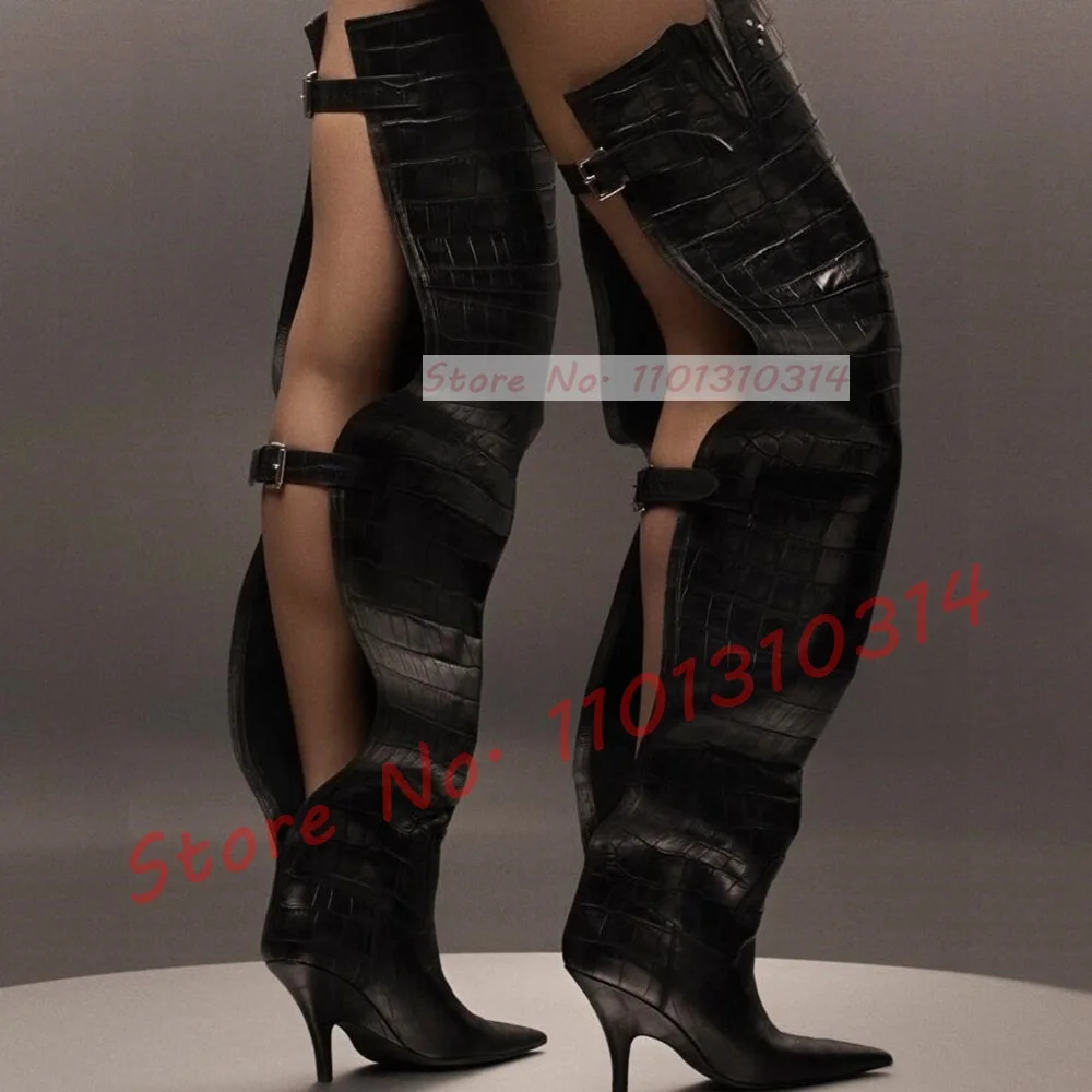 Wide Fit Heels - Black Wide Fit Crocodile Thigh Boots
